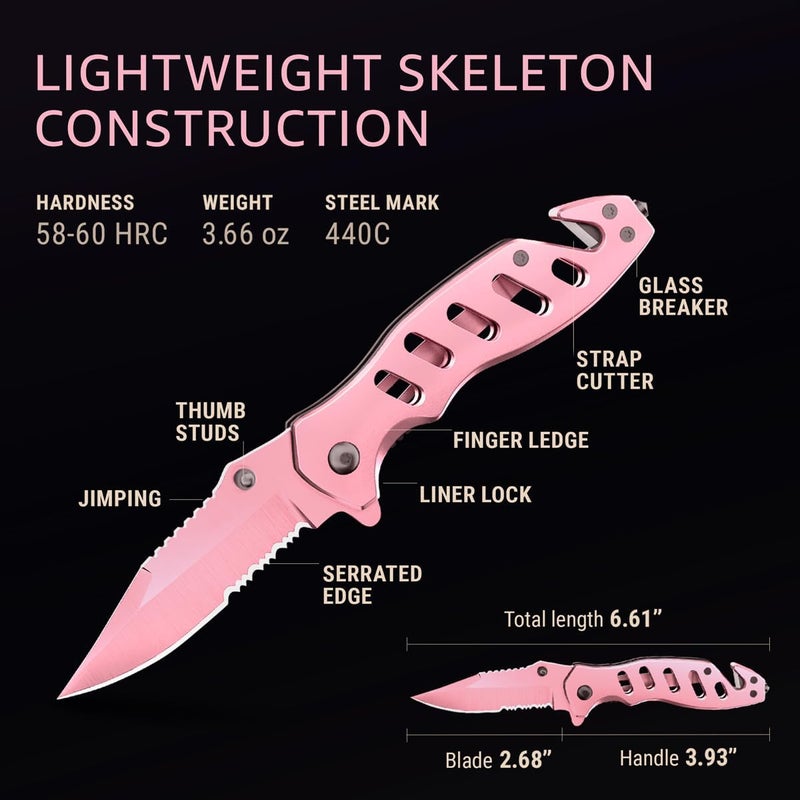 GOOD WORKER Pink Pocket Knife for Women - Legal Small Knife - 2.68 Inch Serrated Blade - Womens Knife for Self Defense - Cute Girl Survival Tool Pocket & Folding Knives - Mothers Day Gift Idea - 6655 P - Image 2